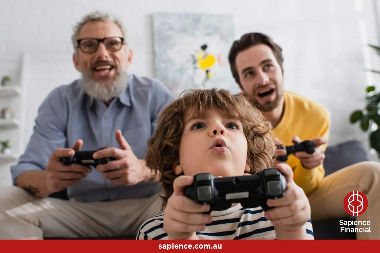 three generations of happy men playing video games together
