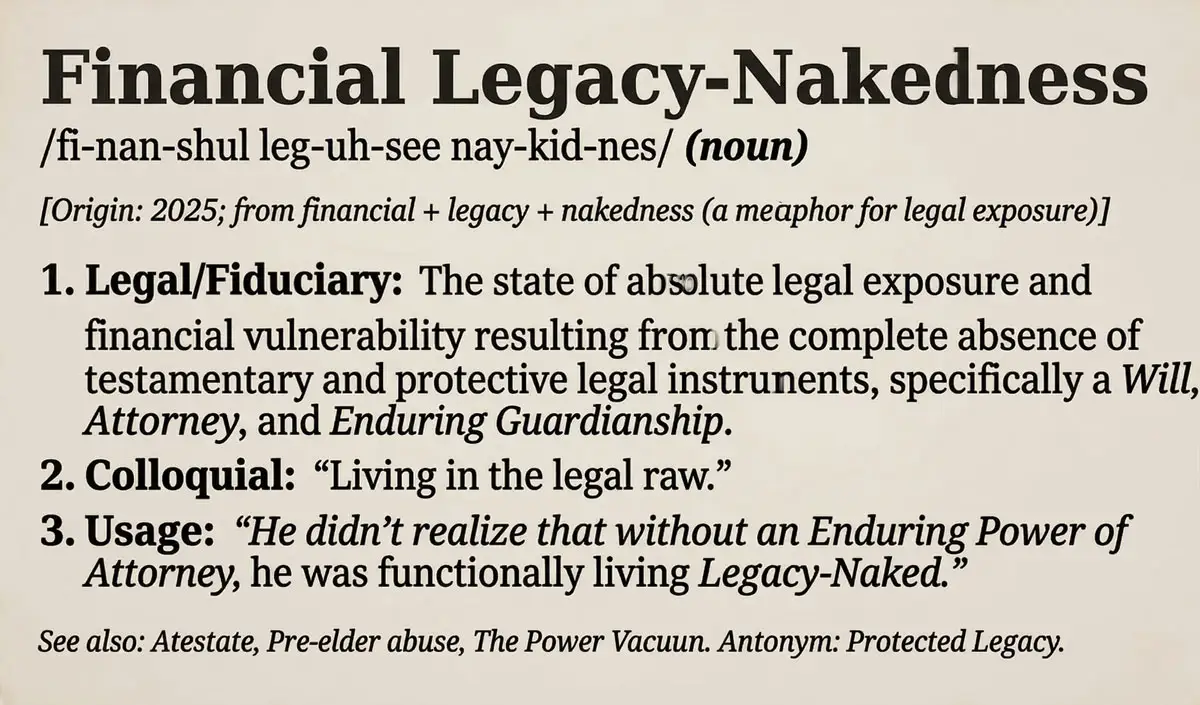 A dictionary-style definition graphic for the phrase Legacy Nakedness 
