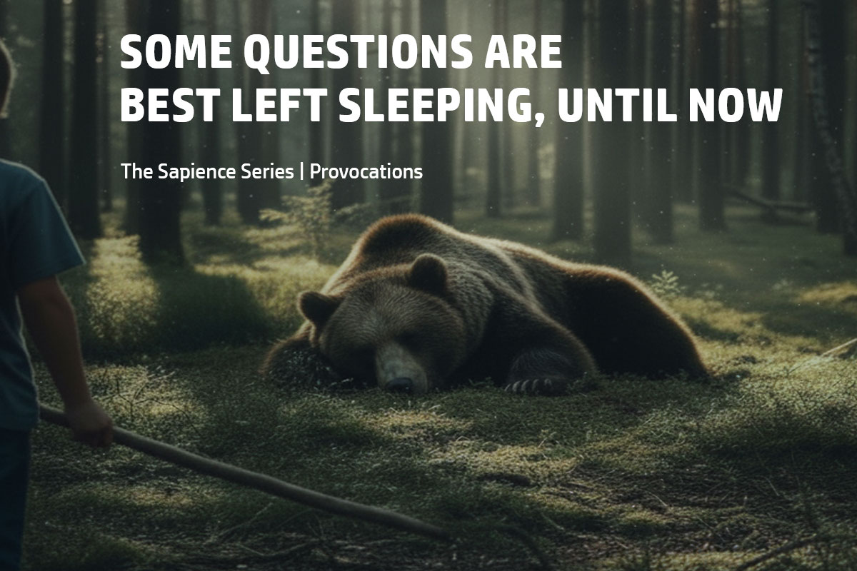 a brave young boy walking in the forest carrying a stick, stops and sees a sleeping bear