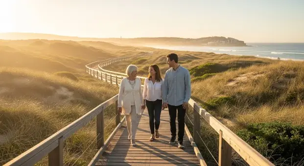 three generations of people walking together at sunrise in the boardwalk of a beach