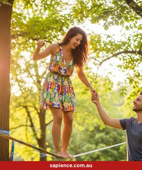 a happy young lady in a dress playing on a tightrope in the part supported by her partner