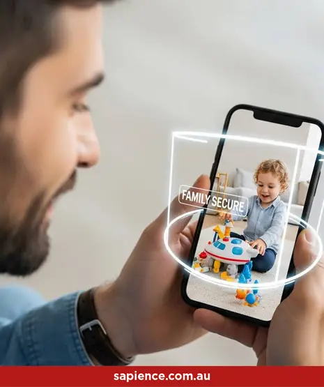 proud father looking at a photo of this young son displayed on a mobile phone surrounded in a protective white light with the words family secured